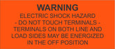 LB-30A001-371 - Warning Electric Shock Hazard Do Not Touch Terminals Terminals On Both Line and Load Sides May Be Energized In The Off - 1.5x3.5 Inches - Orange Background with Black Text, Decal.-Accurate Signs and Engraving - Solar Tags