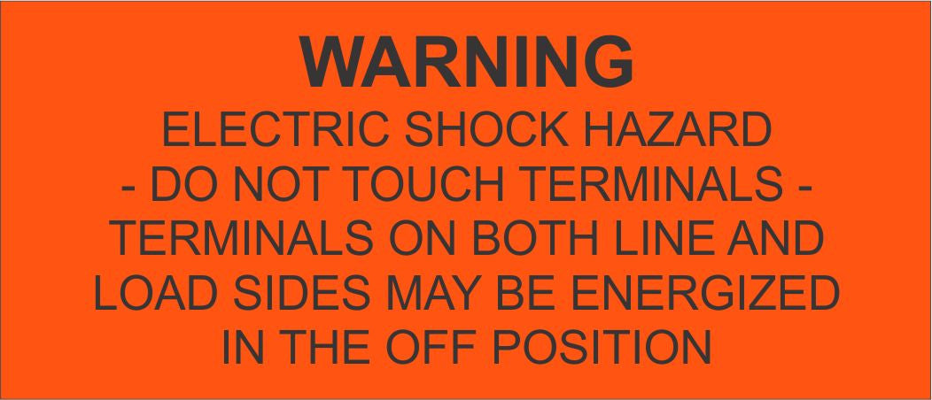 LB-30A001-371 - Warning Electric Shock Hazard Do Not Touch Terminals Terminals On Both Line and Load Sides May Be Energized In The Off - 1.5x3.5 Inches - Orange Background with Black Text, Decal.-Accurate Signs and Engraving - Solar Tags